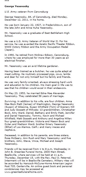 George Yesenosky obit